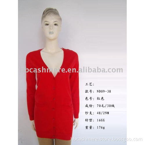 women's cashmere/wool blended cardigan -V neck with buttons